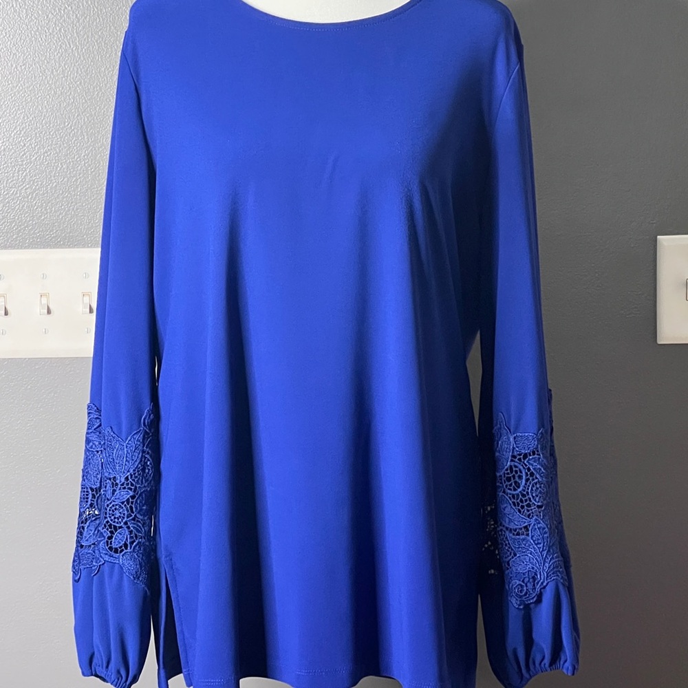 Dennis Basso Navy Blue Long Sleeve Top with Lace Sleeve Detail - Size M